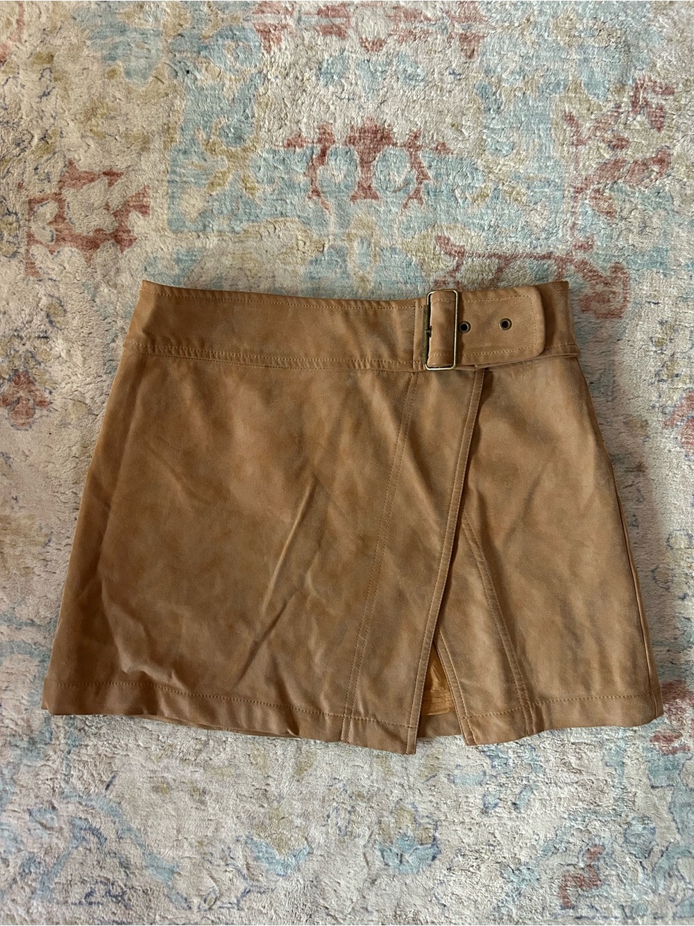 Free People Camel Tan Faux-Suede Wrap Mini Skirt with Belt